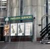 Pavilion signage in front of the Pennine Tower, outside the building.